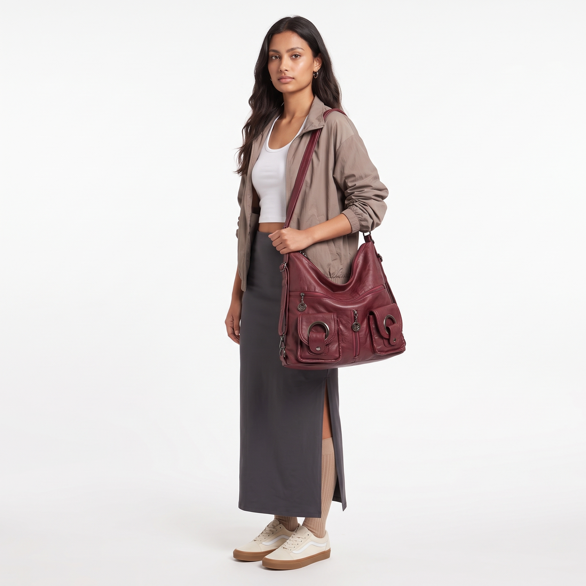 Women's Washed Vegan Leather Hobo Bag, worn by a model
