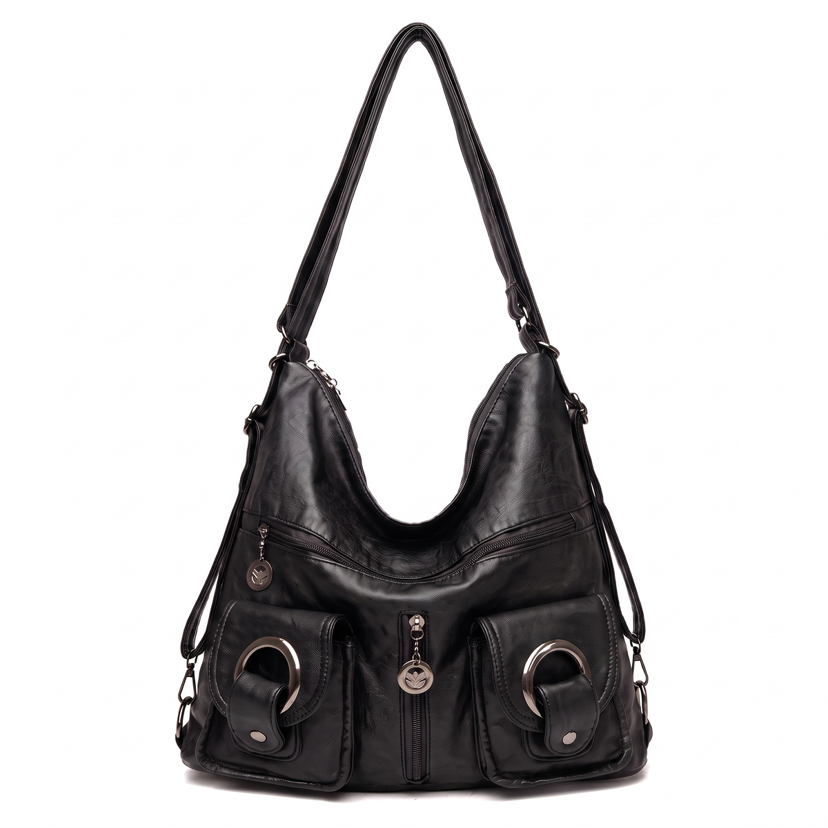 Women's Washed Vegan Leather Hobo Bag in Black