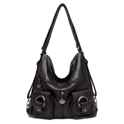 Women's Washed Vegan Leather Hobo Bag in Black