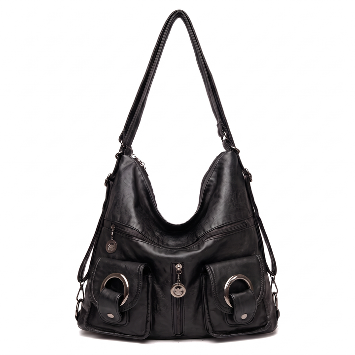 Women's Washed Vegan Leather Hobo Bag, Wine Red Multi Pocket Convertible Backpack — Black