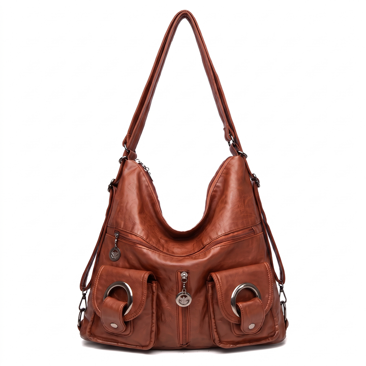 Women's Washed Vegan Leather Hobo Bag, Wine Red Multi Pocket Convertible Backpack — Cognac Brown