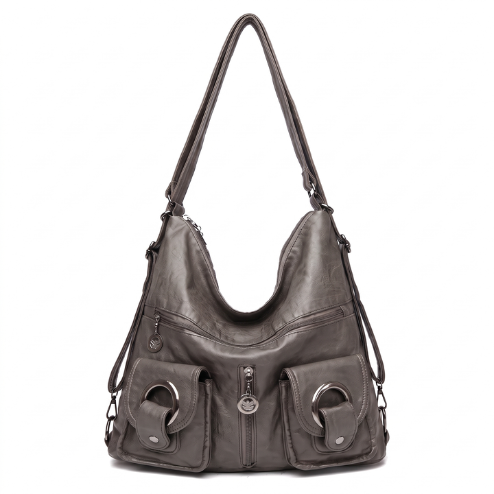 Women's Washed Vegan Leather Hobo Bag, Wine Red Multi Pocket Convertible Backpack — Grey