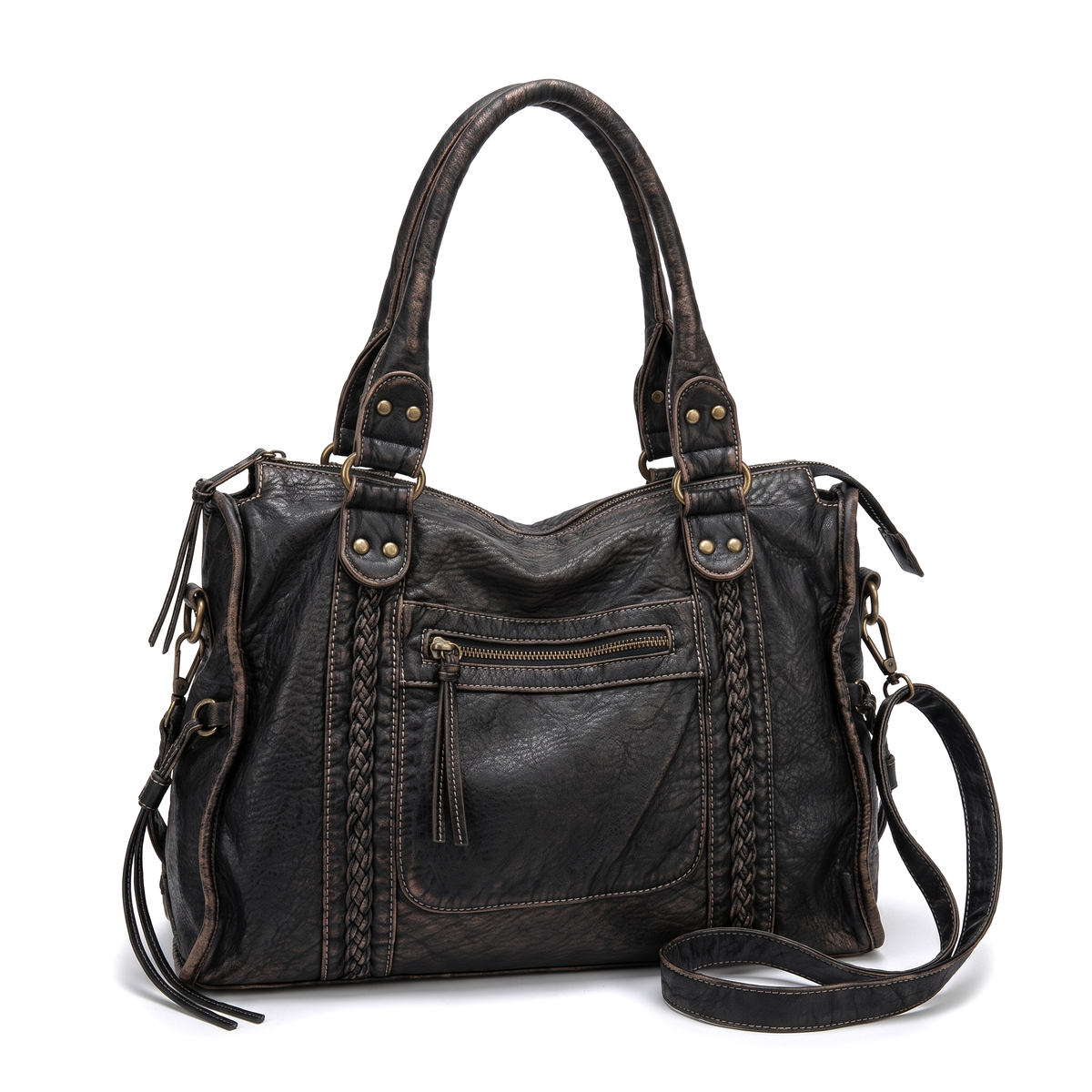 Women's Washed Vegan Leather Large Shoulder Bag, front view