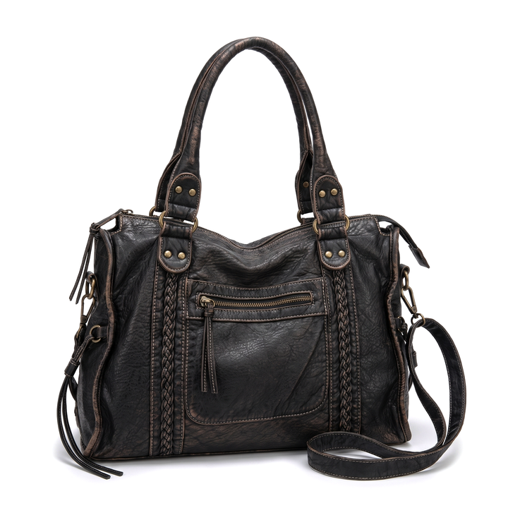Women's Washed Vegan Leather Large Shoulder Bag, front view