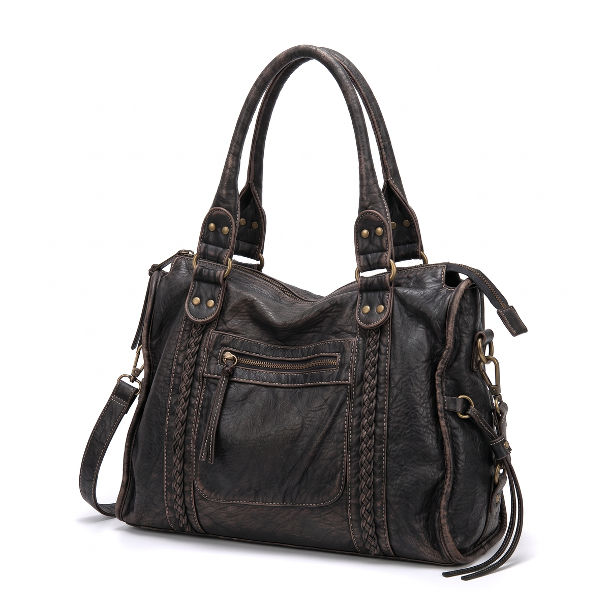 Women's Washed Vegan Leather Large Shoulder Bag, three-quarter view