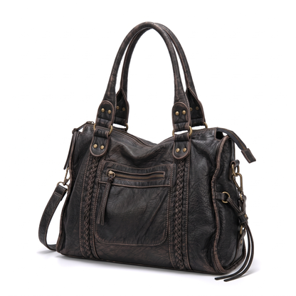 Women's Washed Vegan Leather Large Shoulder Bag, three-quarter view