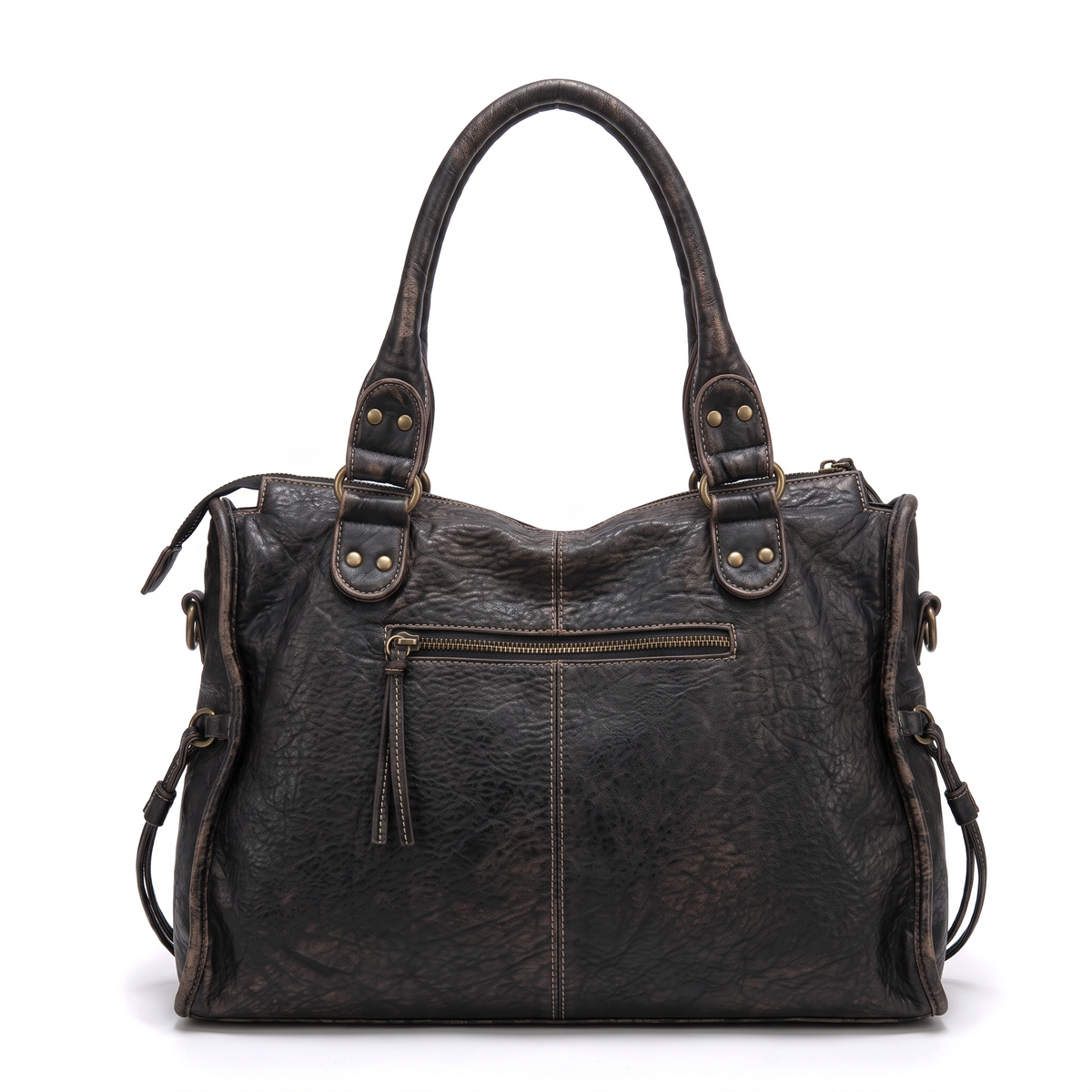 Women's Washed Vegan Leather Large Shoulder Bag, back view