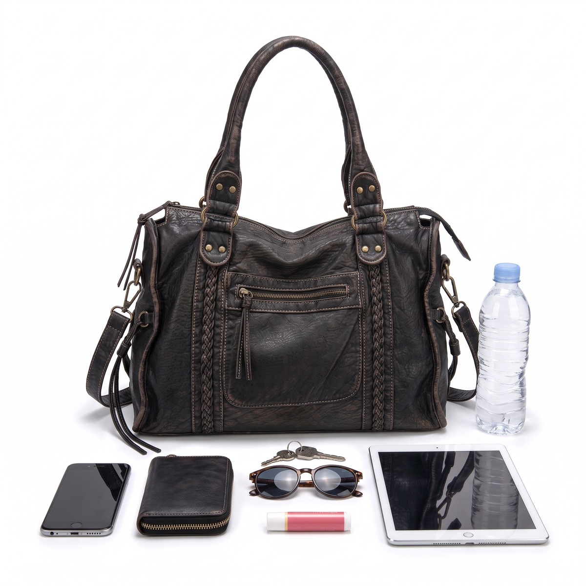 Women's Washed Vegan Leather Large Shoulder Bag, what fits inside