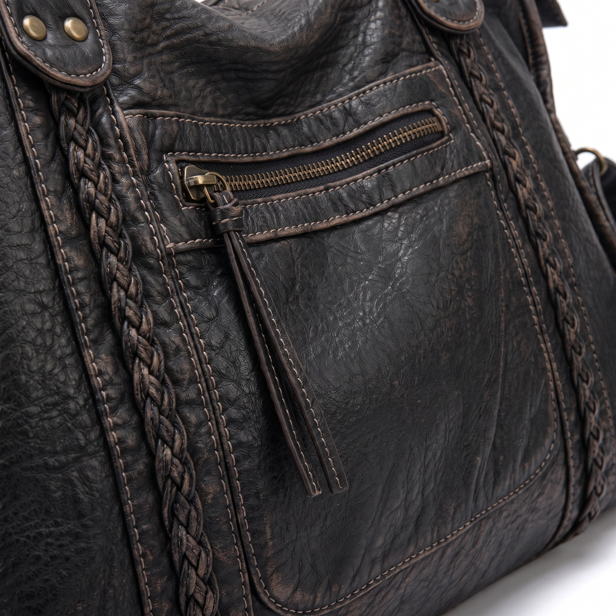 Women's Washed Vegan Leather Large Shoulder Bag, hardware close-up