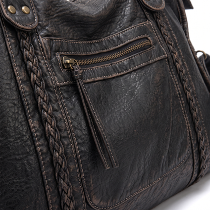 Women's Washed Vegan Leather Large Shoulder Bag, hardware close-up
