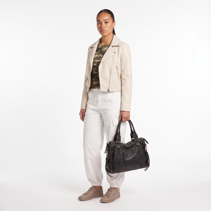 Women's Washed Vegan Leather Large Shoulder Bag, worn by a model