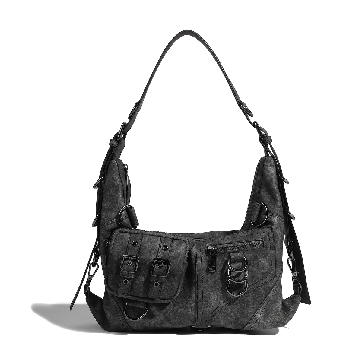 Women's Washed Vegan Leather Moto Hobo Bag, front view