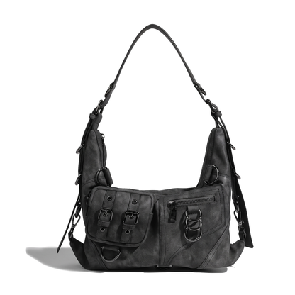 Women's Washed Vegan Leather Moto Hobo Bag, front view