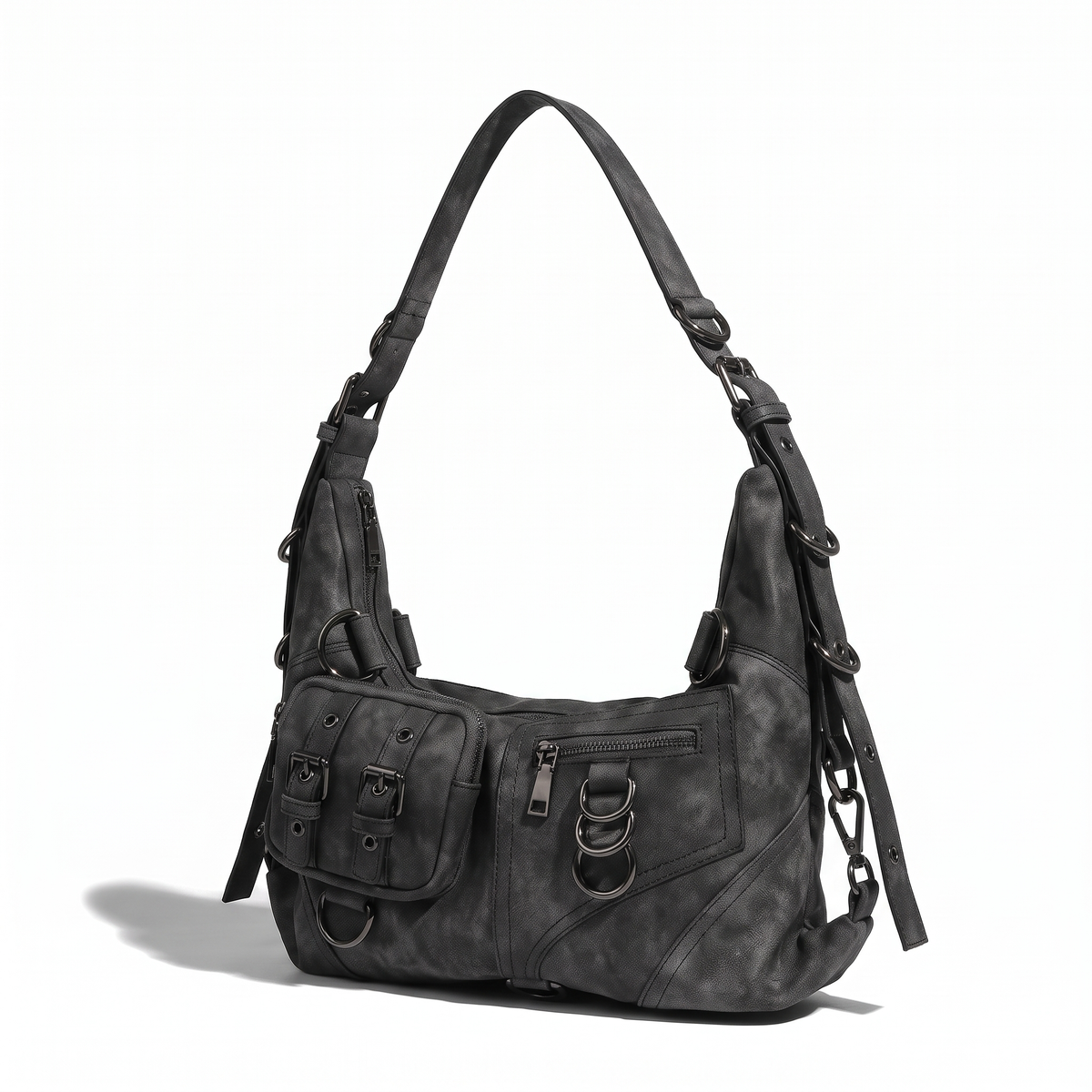 Women's Washed Vegan Leather Moto Hobo Bag, three-quarter view