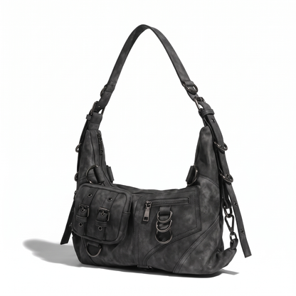 Women's Washed Vegan Leather Moto Hobo Bag, three-quarter view