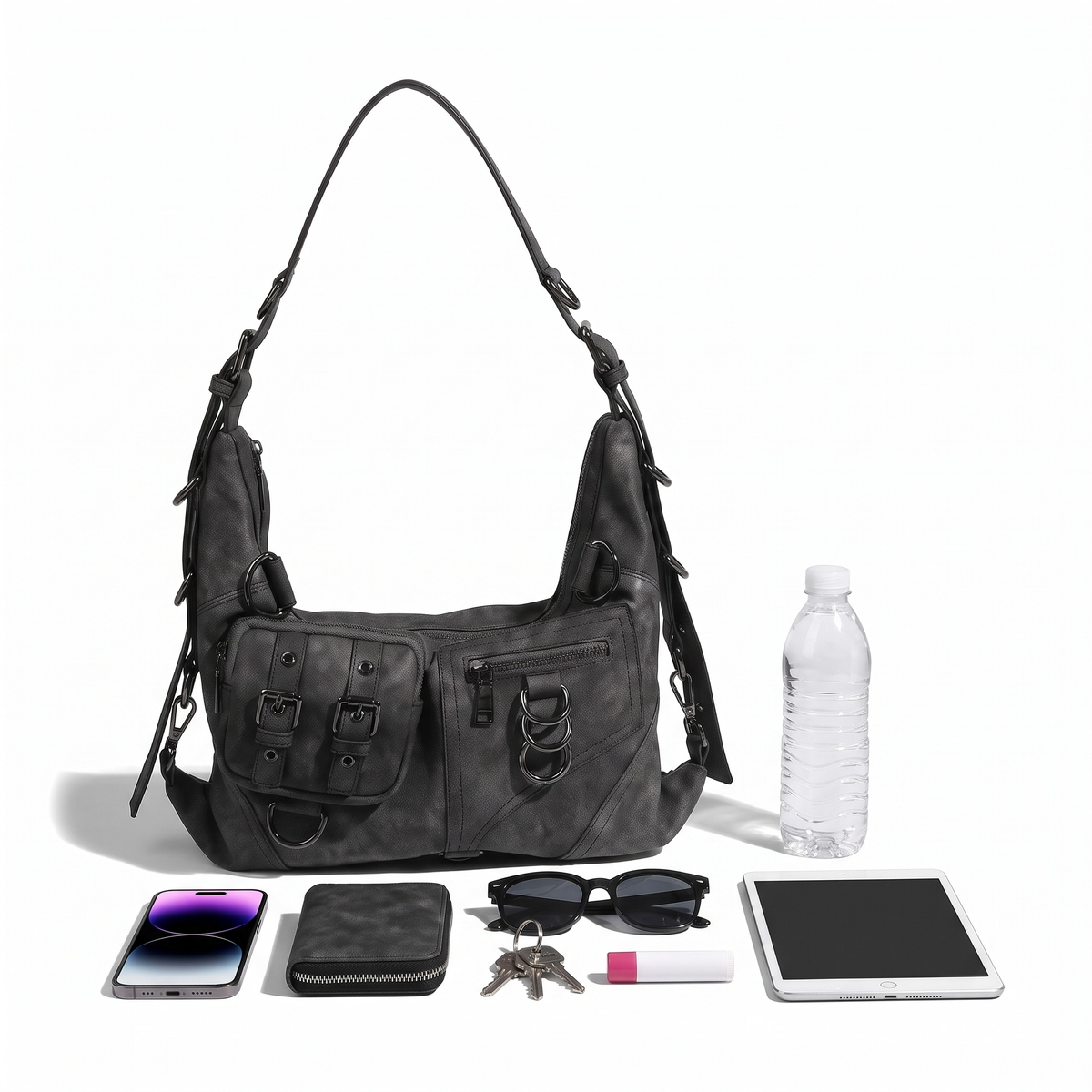 Women's Washed Vegan Leather Moto Hobo Bag, what fits inside