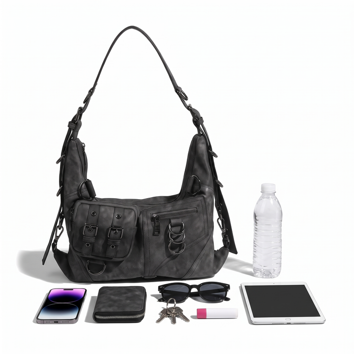 Women's Washed Vegan Leather Moto Hobo Bag, what fits inside