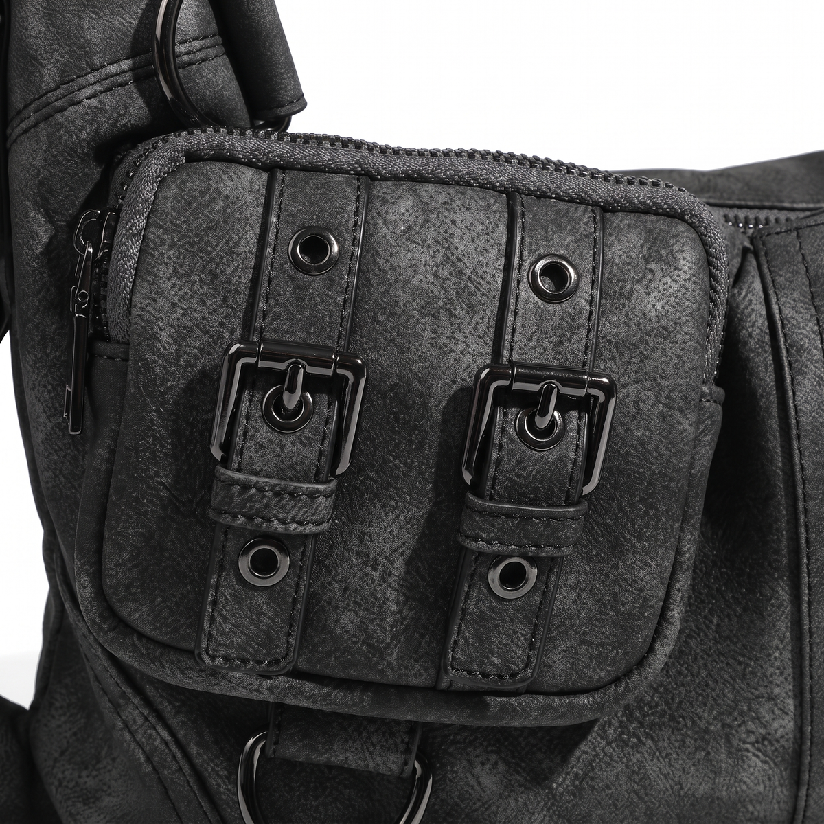 Women's Washed Vegan Leather Moto Hobo Bag, hardware close-up