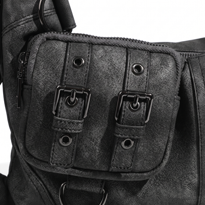 Women's Washed Vegan Leather Moto Hobo Bag, hardware close-up