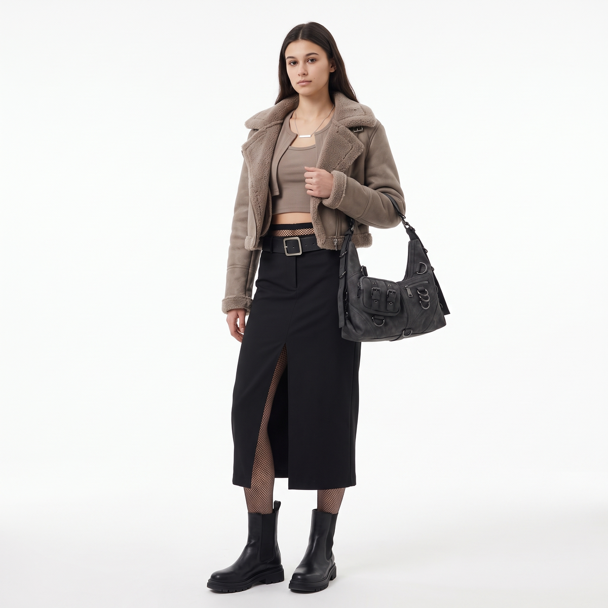 Women's Washed Vegan Leather Moto Hobo Bag, worn by a model