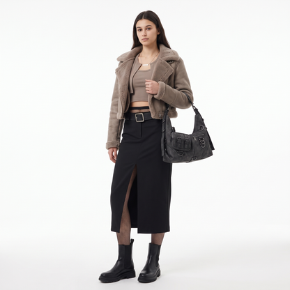 Women's Washed Vegan Leather Moto Hobo Bag, worn by a model