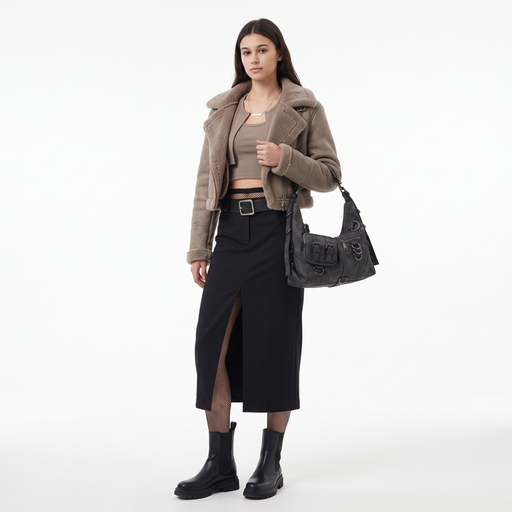 Women's Washed Vegan Leather Moto Hobo Bag, worn by a model