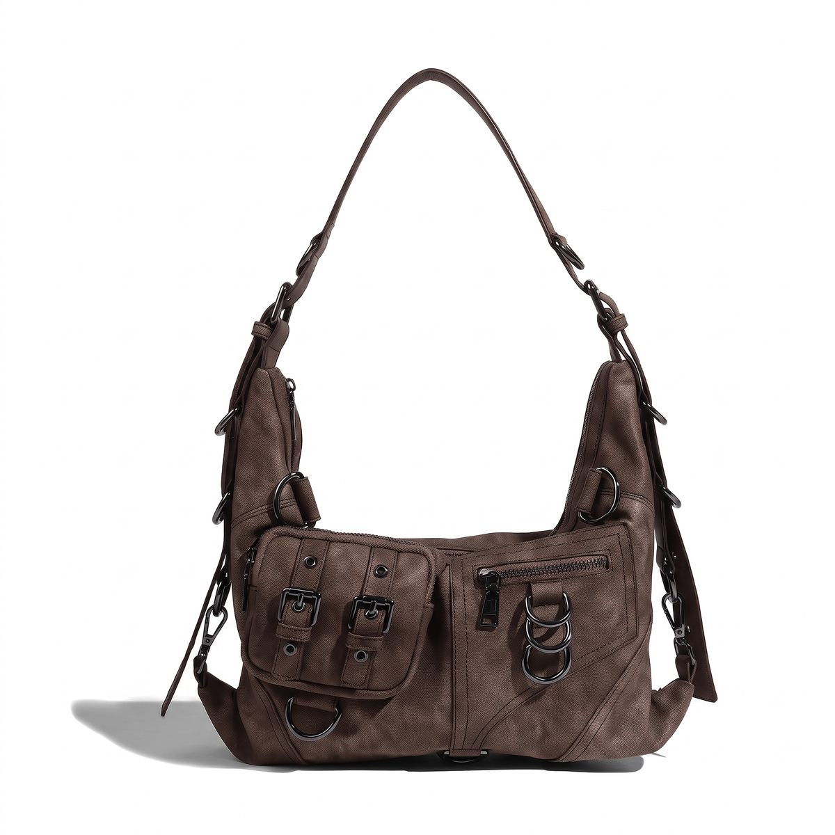 Women's Washed Vegan Leather Moto Hobo Bag in Mocha Brown