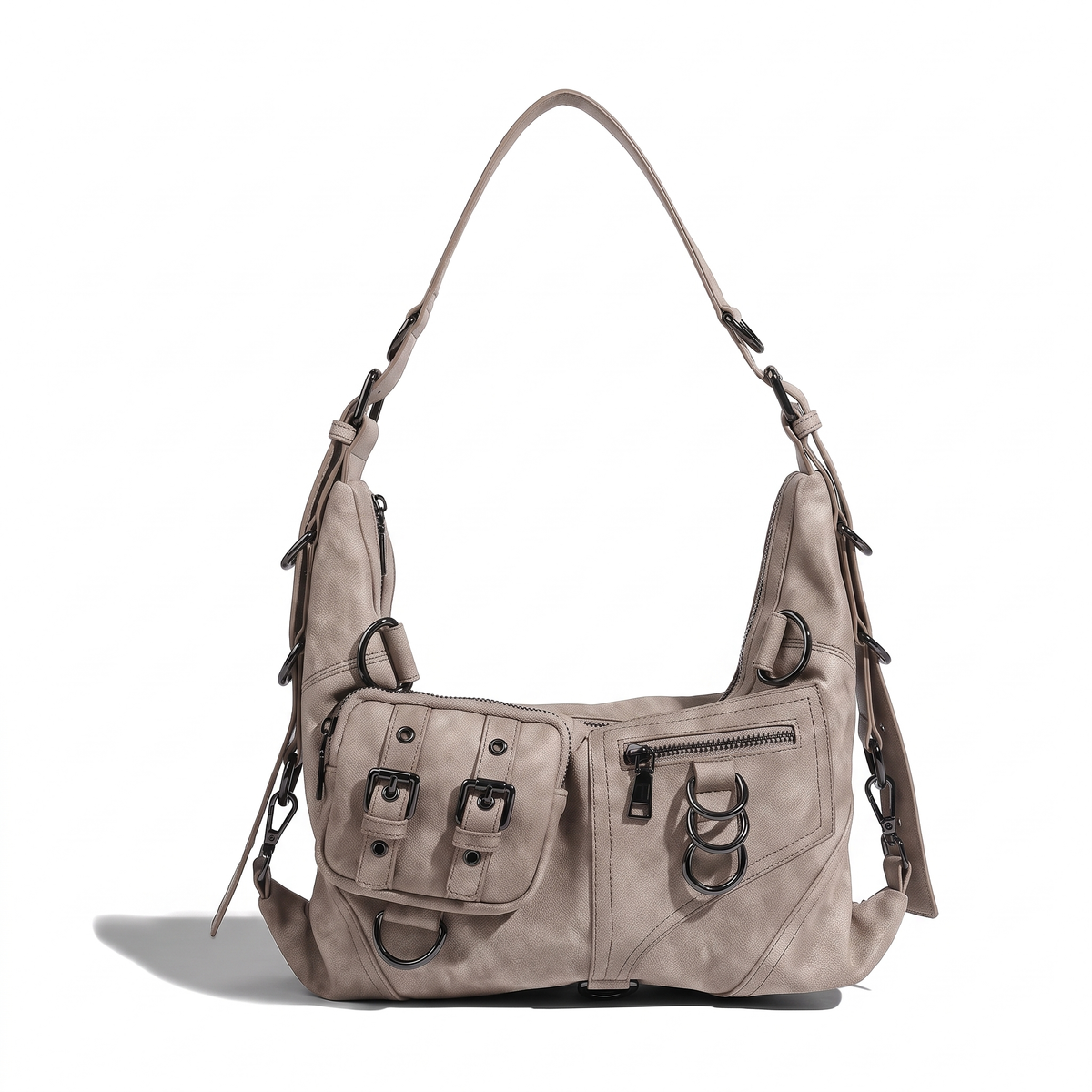 Women's Washed Vegan Leather Moto Hobo Bag in Stone Beige