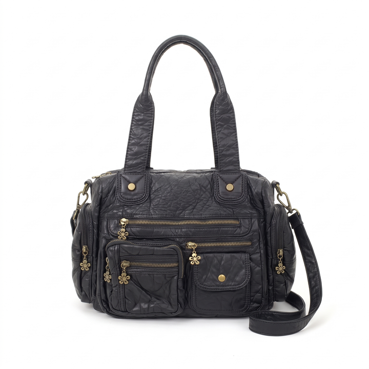 Women's Washed Faux Leather Multi Pocket Shoulder Bag, front view