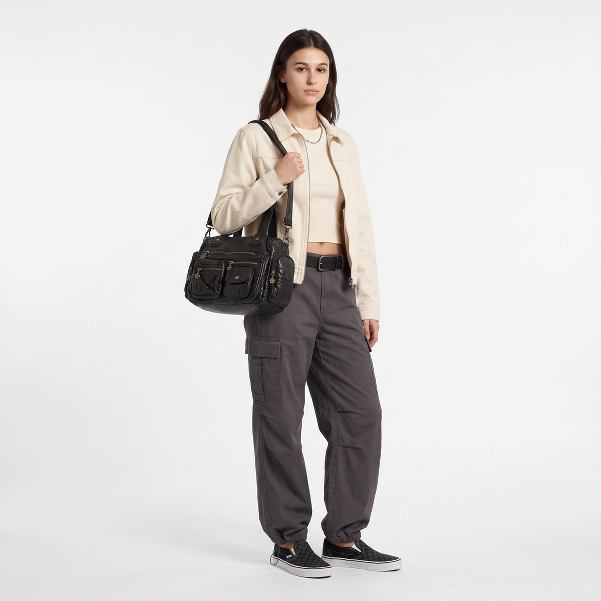 Women's Washed Faux Leather Multi Pocket Shoulder Bag, worn by a model