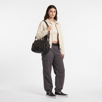 Women's Washed Faux Leather Multi Pocket Shoulder Bag, worn by a model