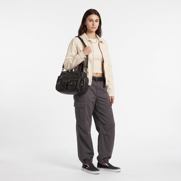 Women's Washed Faux Leather Multi Pocket Shoulder Bag, worn by a model