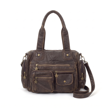 Women's Washed Faux Leather Multi Pocket Shoulder Bag in Coffee