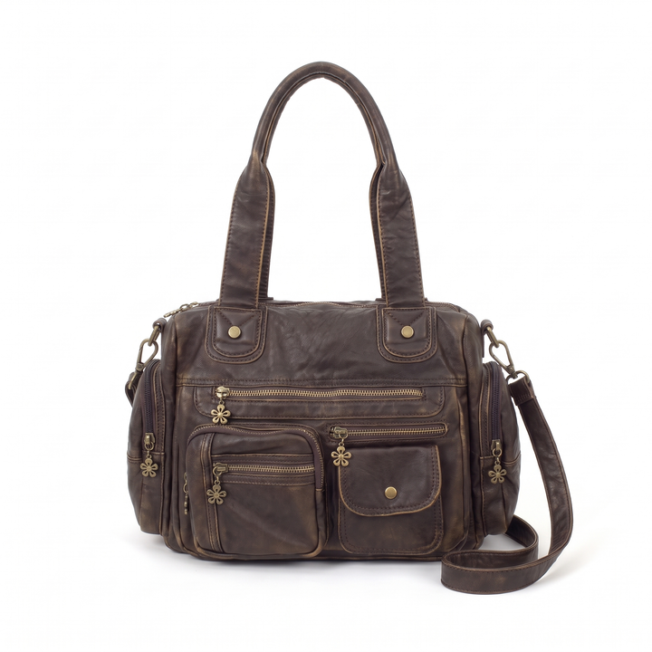 Women's Washed Faux Leather Multi Pocket Shoulder Bag, Black Y2K Bag — Coffee
