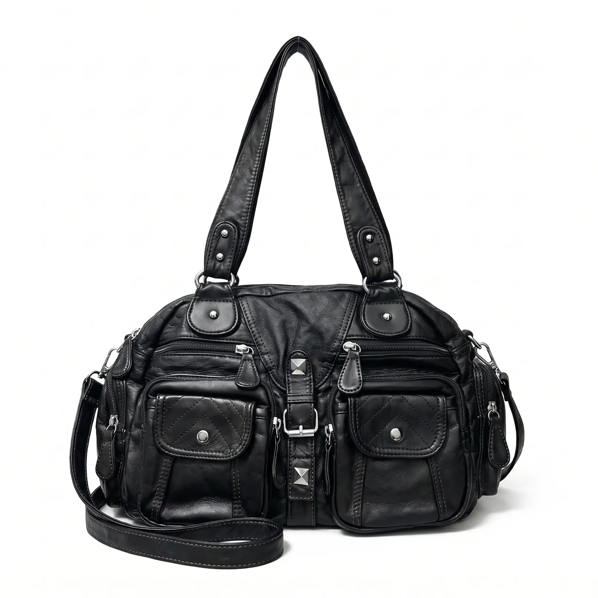 Women's Washed Faux Leather Pocket Shoulder Bag, front view