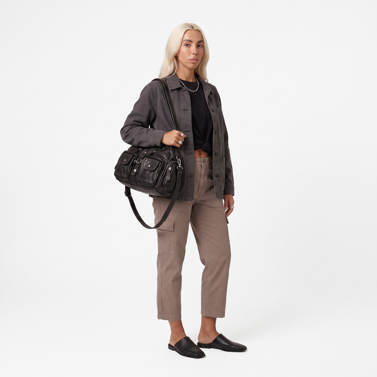 Women's Washed Faux Leather Pocket Shoulder Bag, worn by a model