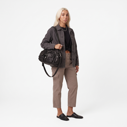 Women's Washed Faux Leather Pocket Shoulder Bag, worn by a model