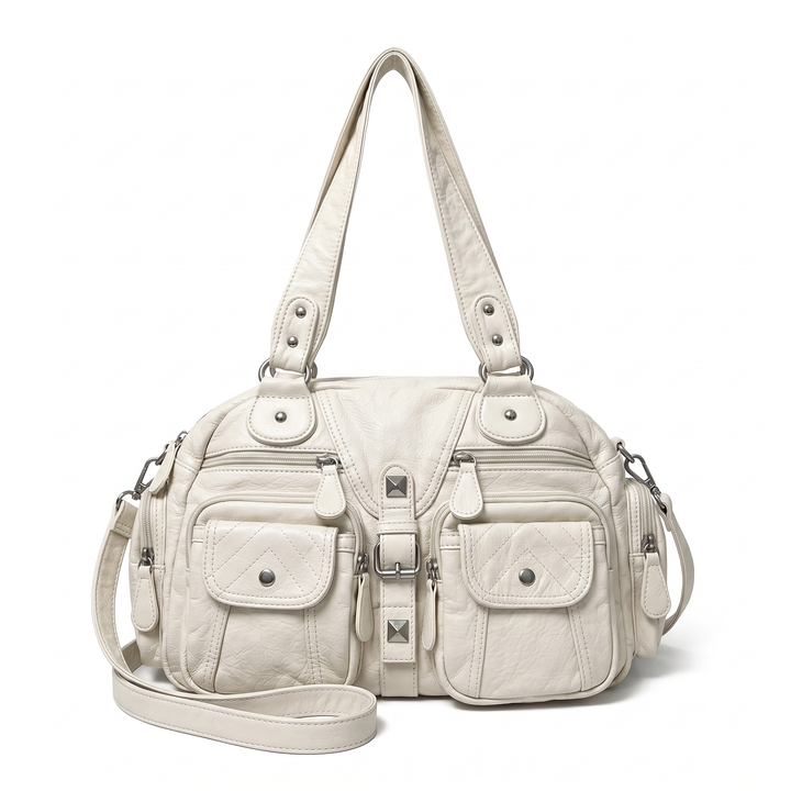 Women's Washed Faux Leather Pocket Shoulder Bag, Black Y2K Studded Bag — Off-White