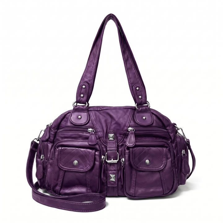 Women's Washed Faux Leather Pocket Shoulder Bag, Black Y2K Studded Bag — Purple