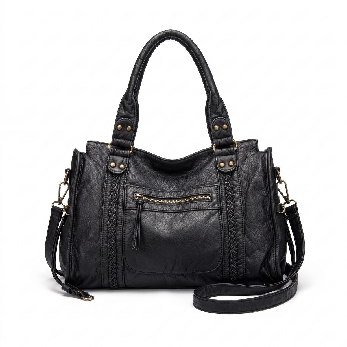 Women's Washed Faux Leather Shoulder Bag, front view
