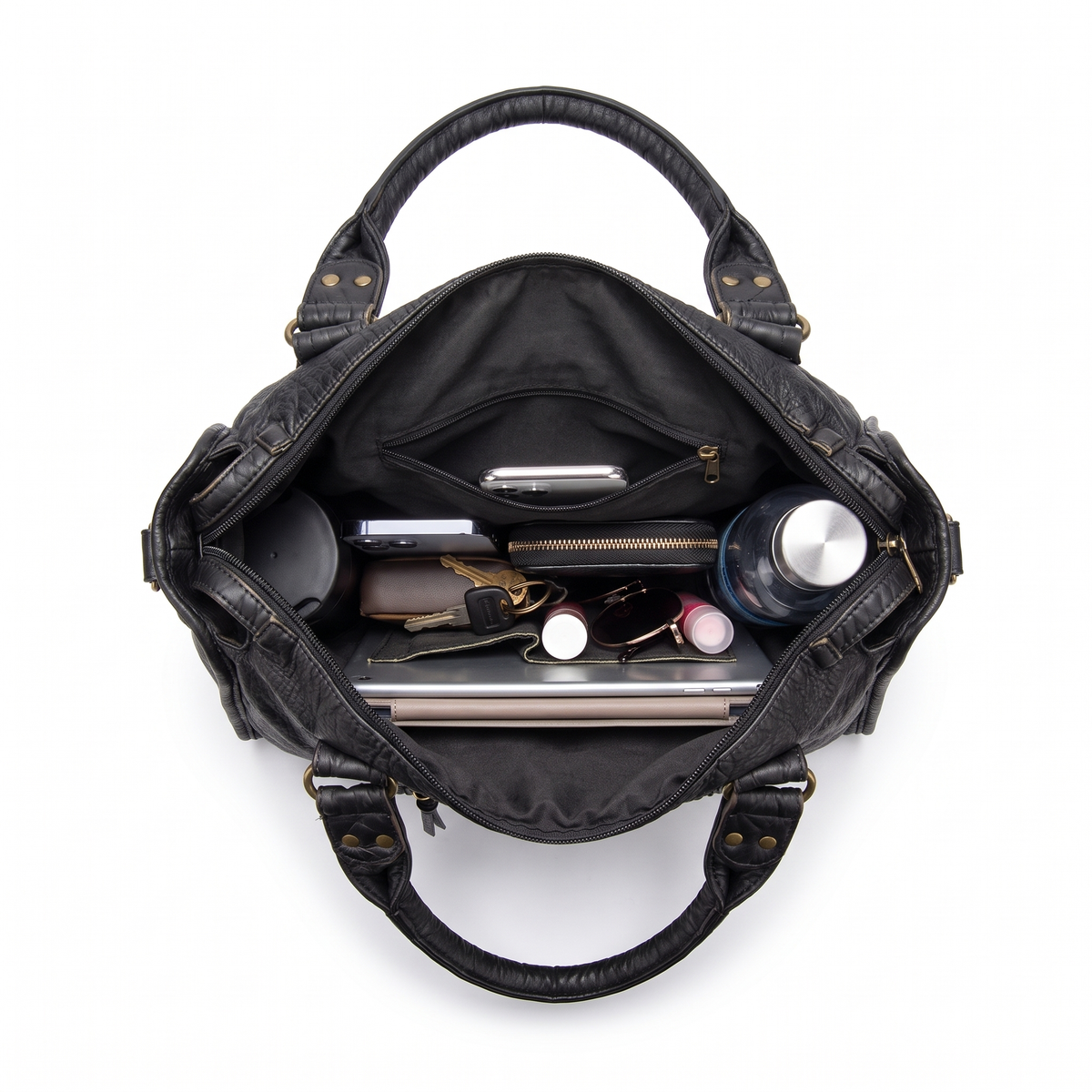 Women's Washed Faux Leather Shoulder Bag, interior