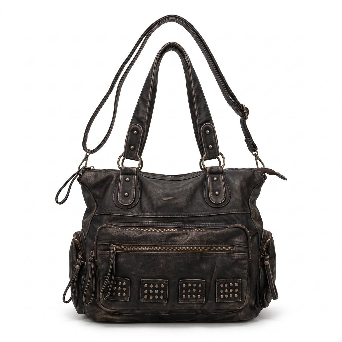 Women's Washed Faux Leather Studded Shoulder Bag, front view