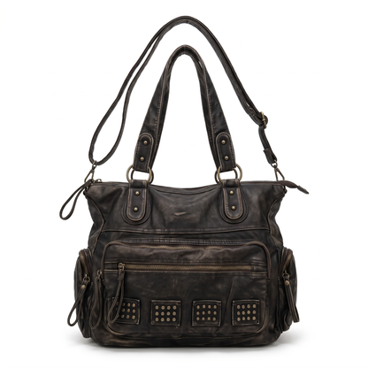 Women's Washed Faux Leather Studded Shoulder Bag, front view