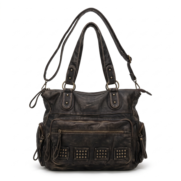 Women's Washed Faux Leather Studded Shoulder Bag, front view