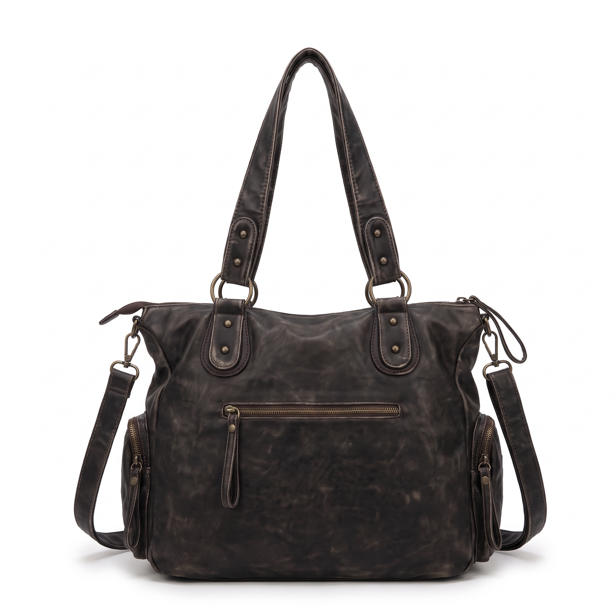 Women's Washed Faux Leather Studded Shoulder Bag, back view