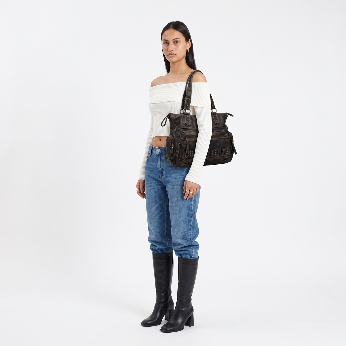 Women's Washed Faux Leather Studded Shoulder Bag, worn by a model