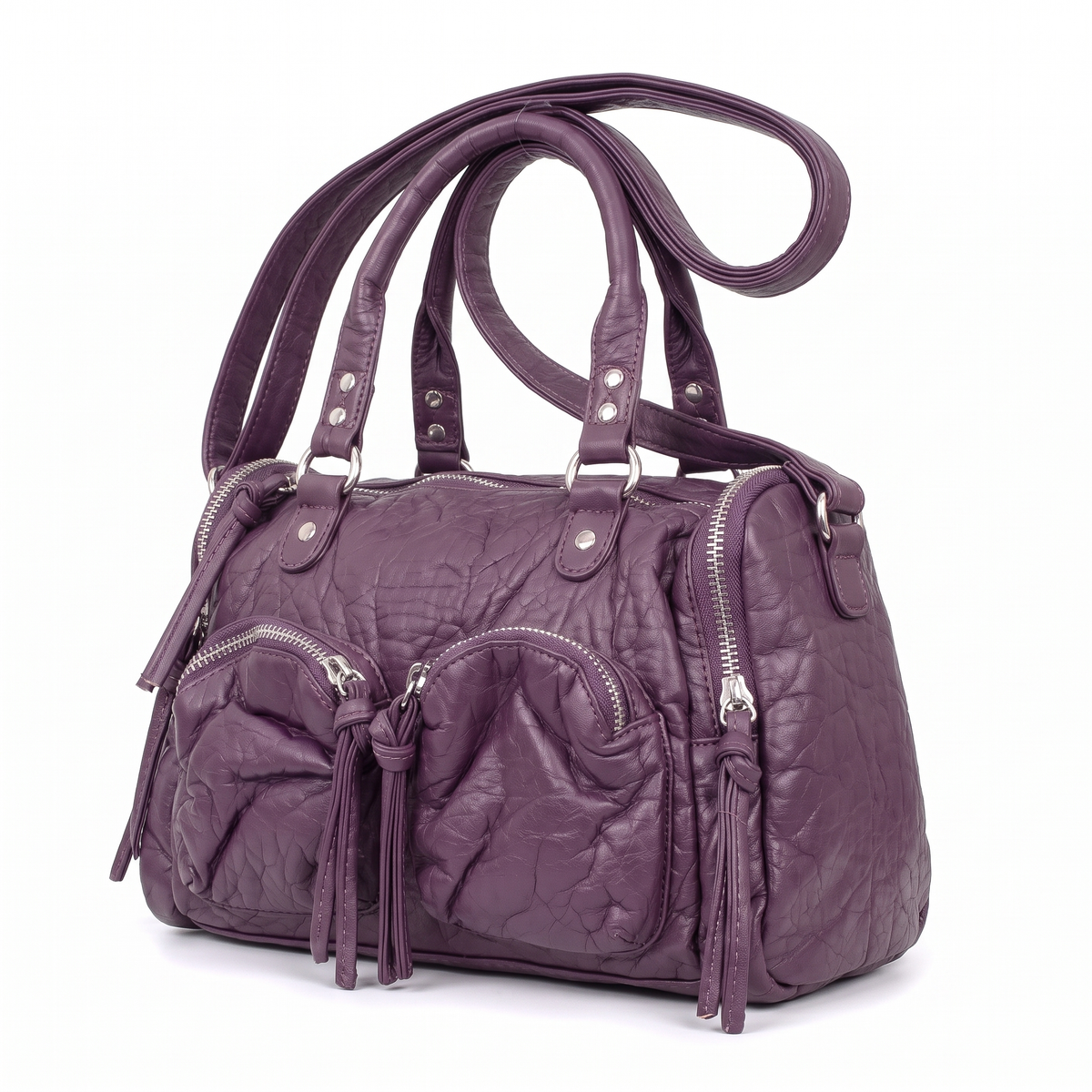 Women's Washed Vegan Leather Top Handle Bag, three-quarter view
