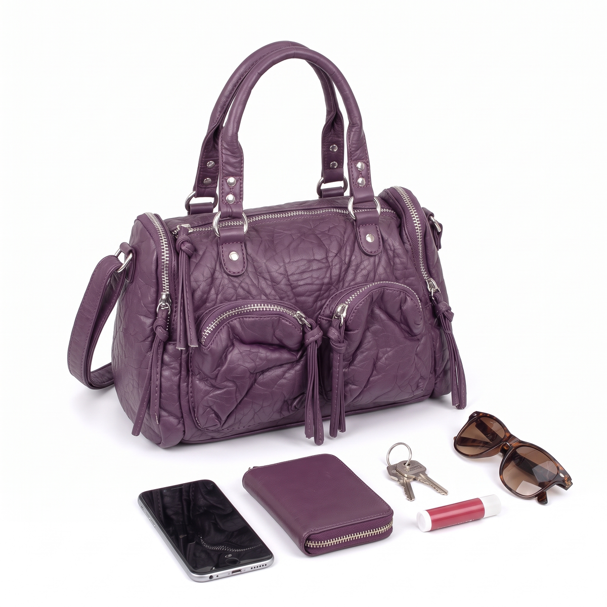 Women's Washed Vegan Leather Top Handle Bag, what fits inside