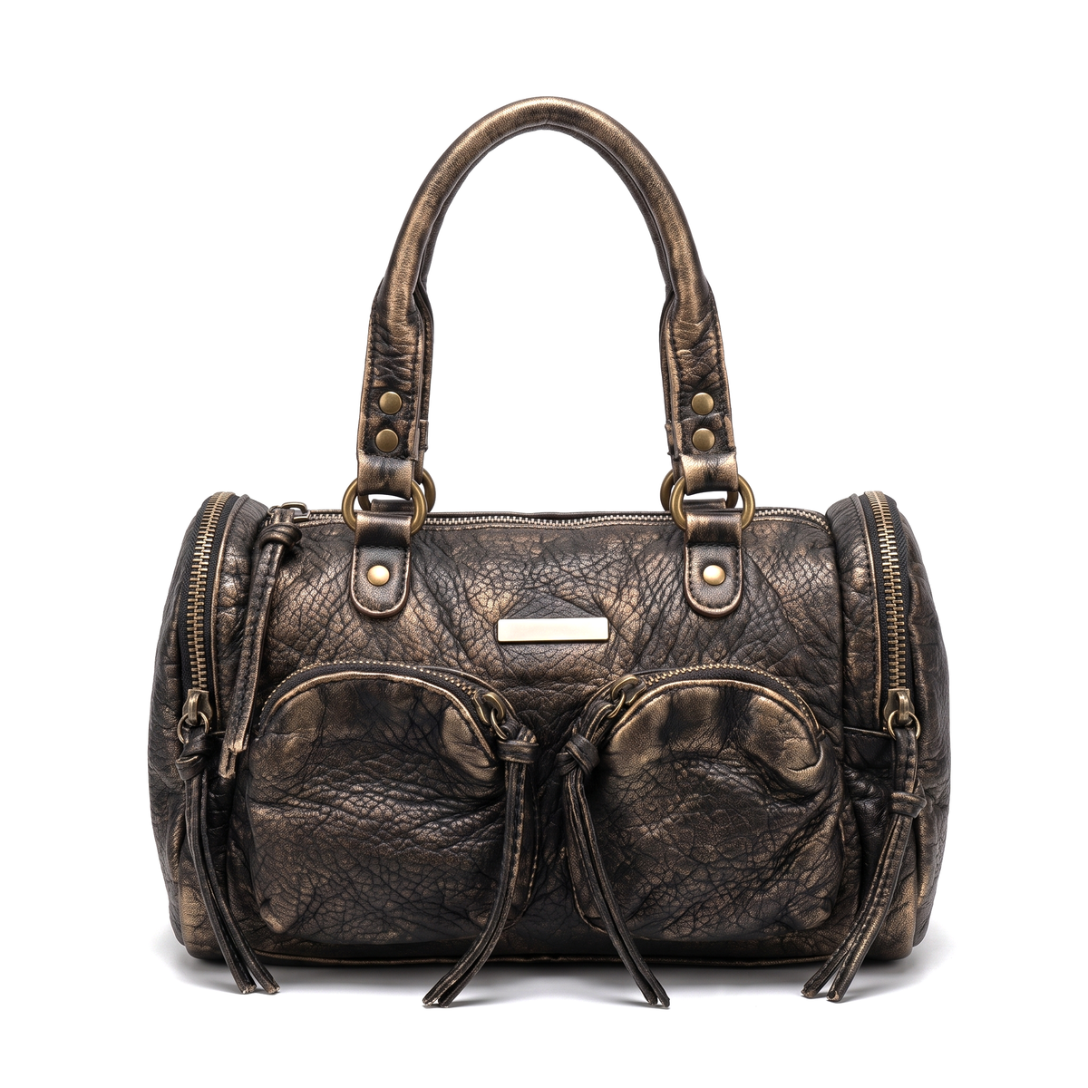 Women's Washed Vegan Leather Top Handle Bag in Bronze Black