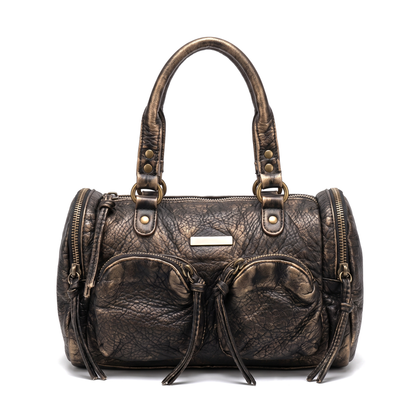 Women's Washed Vegan Leather Top Handle Bag in Bronze Black